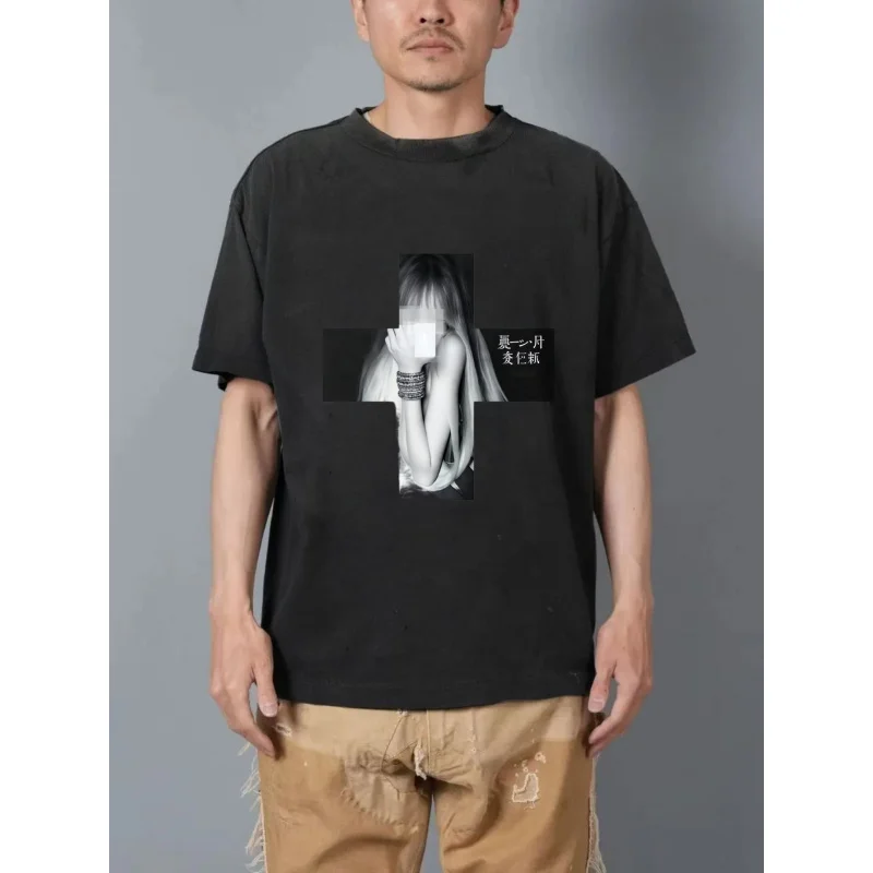 Men's Washed T-Shirt Black Printed Pattern & Text High Quality 100% Cotton 230g