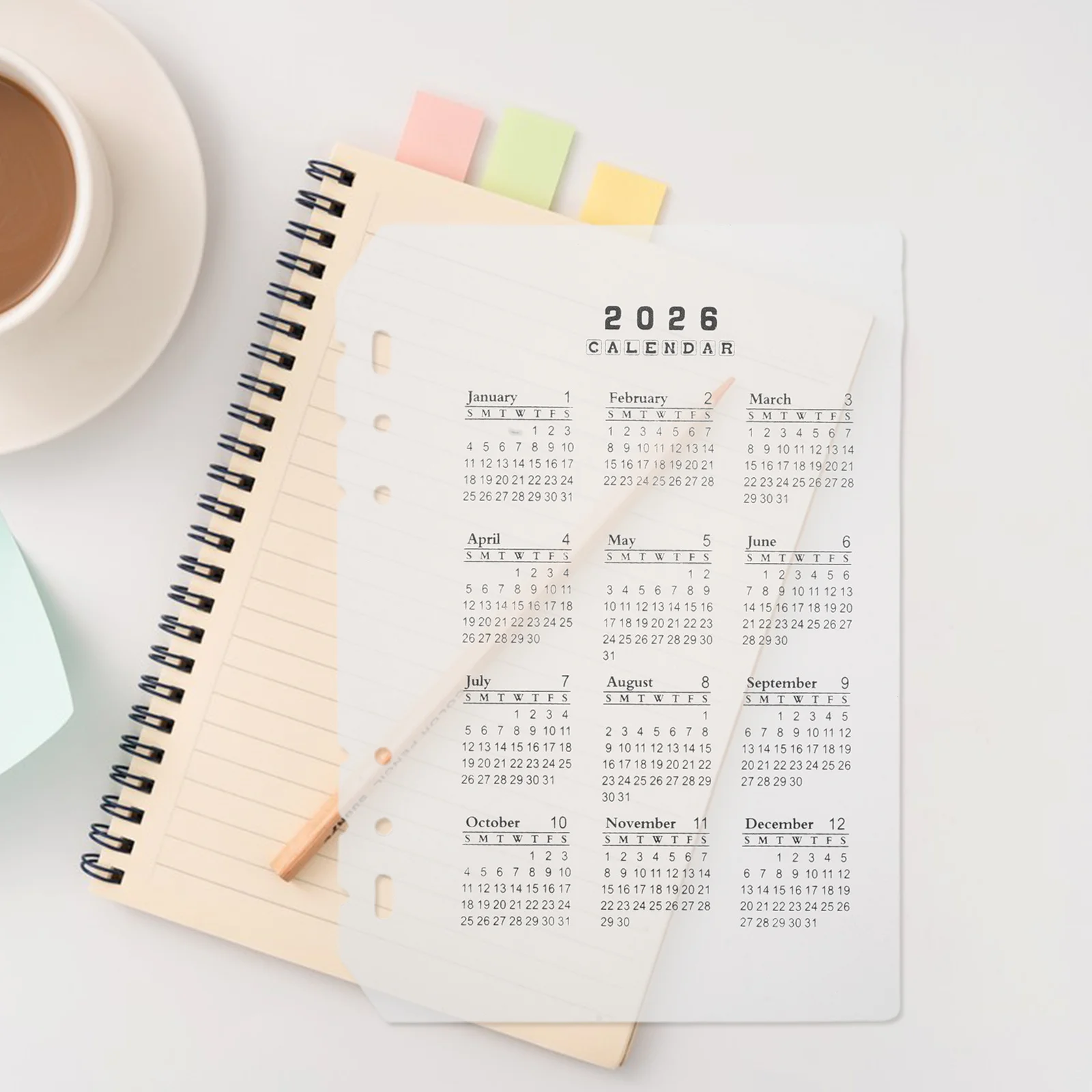 4Pcs 2026 Calendar Dividers Frosted Plastic 6-Hole A5 Planner Notebook DIY Refillable Binder Inserts for Organization