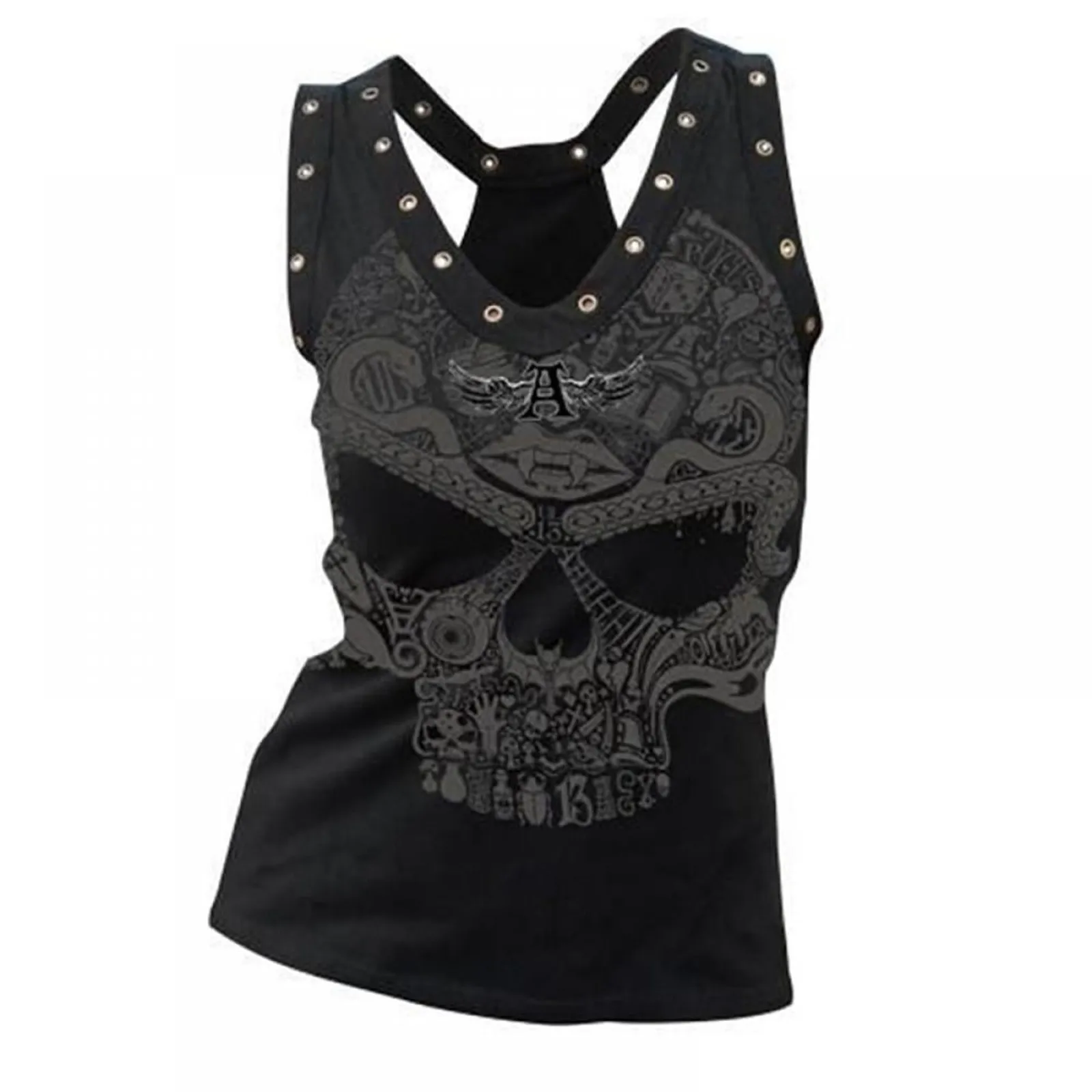 Women's Scary Print Hollow Out Vest Crew Neck Plus Size Tank Top Sleeveless Rivet Decor Chic Knitted Tops Black Women's Clothing