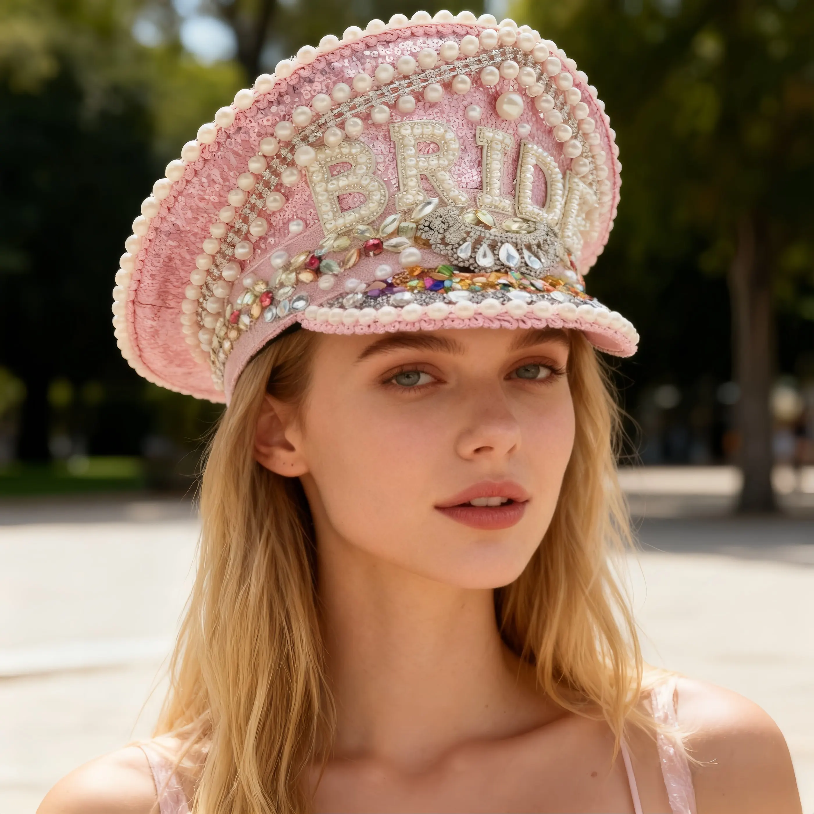 ホンルアン-ピンク-ブライド-ウェディング-キャプテンハット-ラインストーン付き-バーニングマンフェスティバル-女性用-ヴィンテージミリタリーアクセサリー＆ミリタリーキャップ