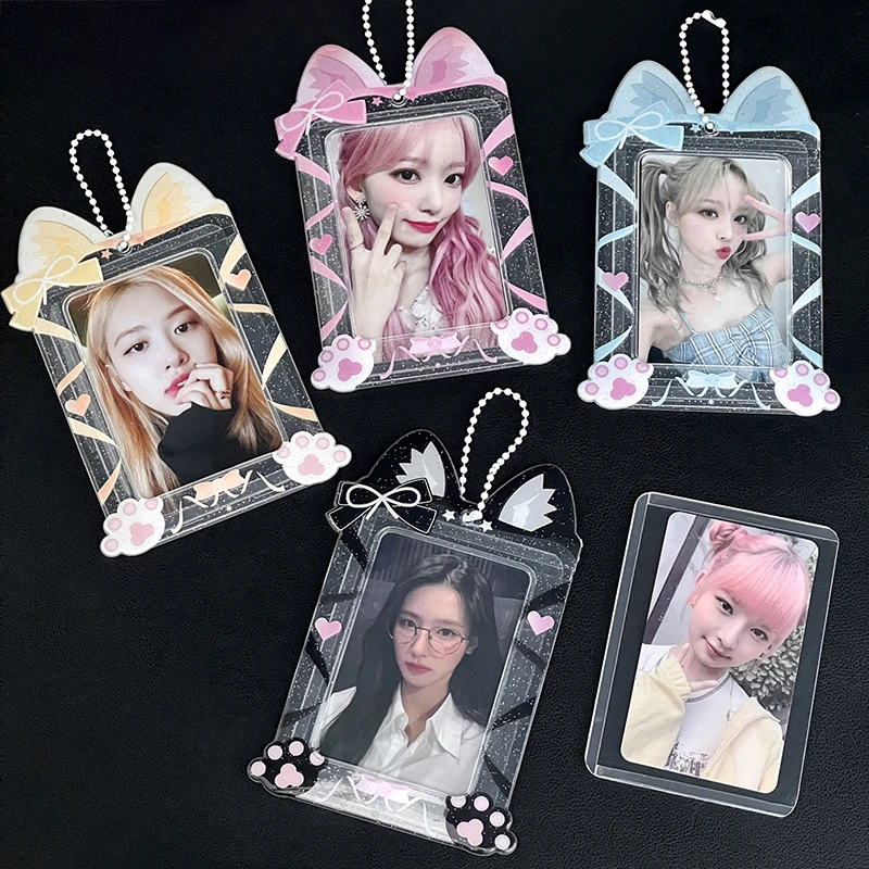 

Cute Lace Bow Cat Claw Idol Photocards Display Sleeve PVC Small Protective Card Holder Kawaii Stationery Keychain Pendant Gifts