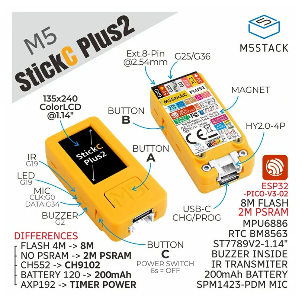 Official M5Stack M5StickC PLUS2 ESP32-PICO Mini IoT Development Kit BLE and WiFi Bigger Screen IoT Controller