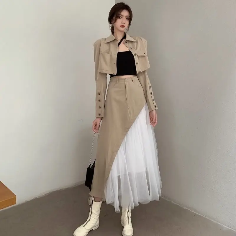 Temperament Short Style Small Suit Jacket High Waist Splicing Mesh Skirt Two-piece Set For Women Spring Autumn New Workwear Sets