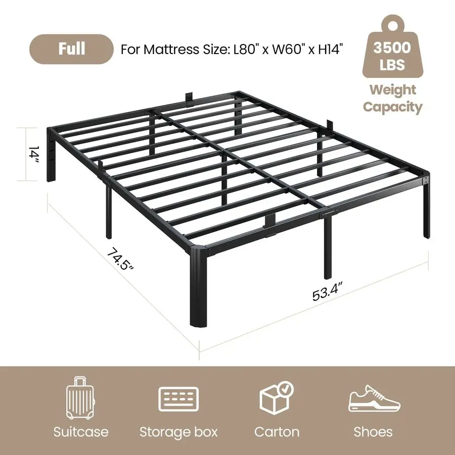 Bed Frame Full Size, 14 Inch 3500 lbs Heavy Duty Platform Bed Frames Steel Slats Noise Free No Box Spring Needed, Easy Assemble