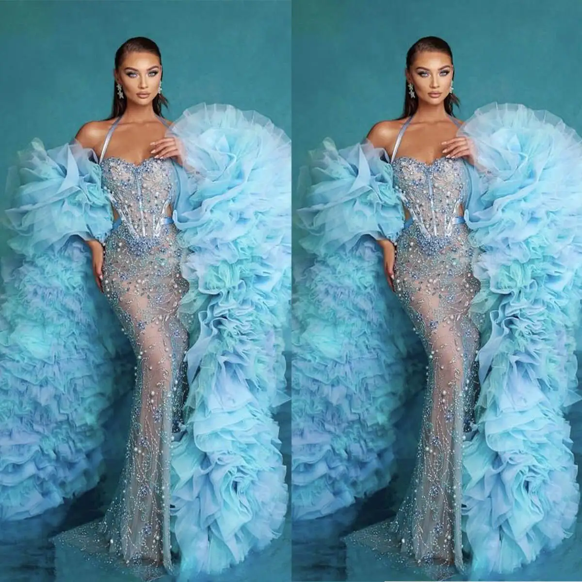 Fashion Mermaid Women Prom Dresses Sweetheart Halter Gown With Jacket Beads Sequins Ruffles Dress For Party Custom Made