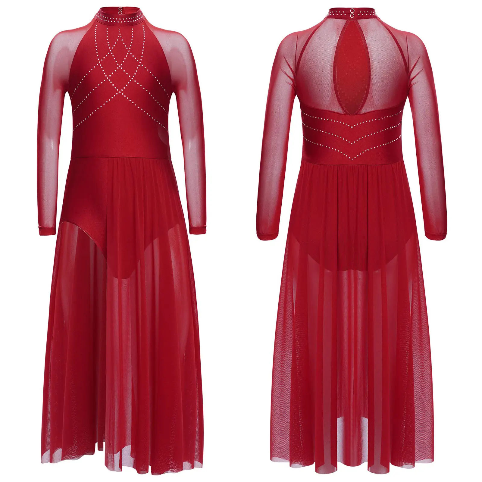 

Kids Girls Ice Skating Dress Lyrical Contemporary Dance Costume Rhinestones Mesh Flowy Split Dress Long Sleeve Leotard Dresses