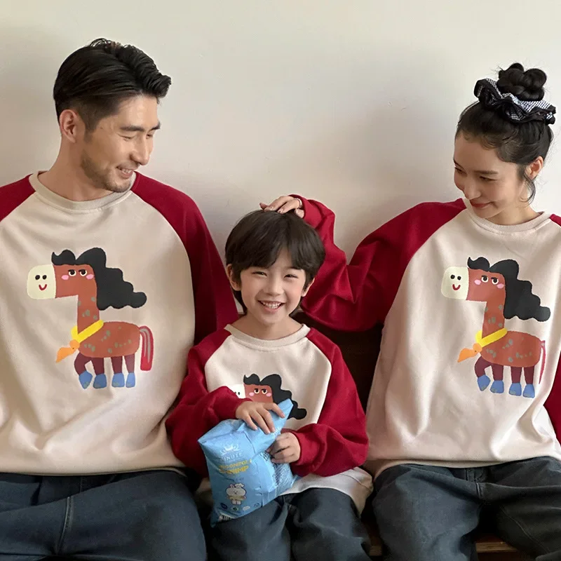 

2025 New Cartoon Pony Family Matching Round Neck Sweatshirt 3-4 People Clothes Kids Cotton Pullover Top Autumn Casual Outfit