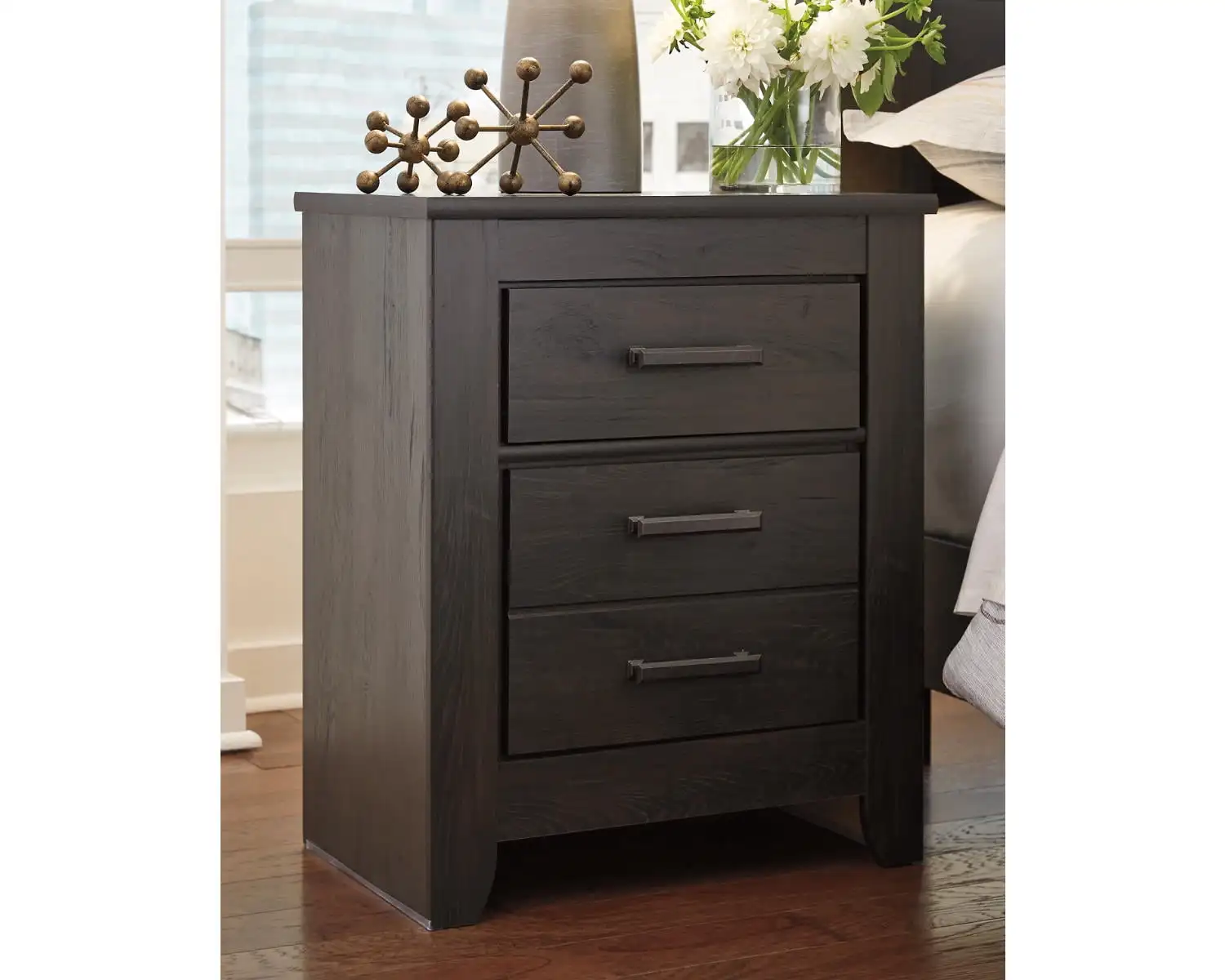 Casual 2 Drawer Nightstand Charcoal Dark Charcoal Finish Over Replicated Oak Grain 2 Smooth Gliding Drawers