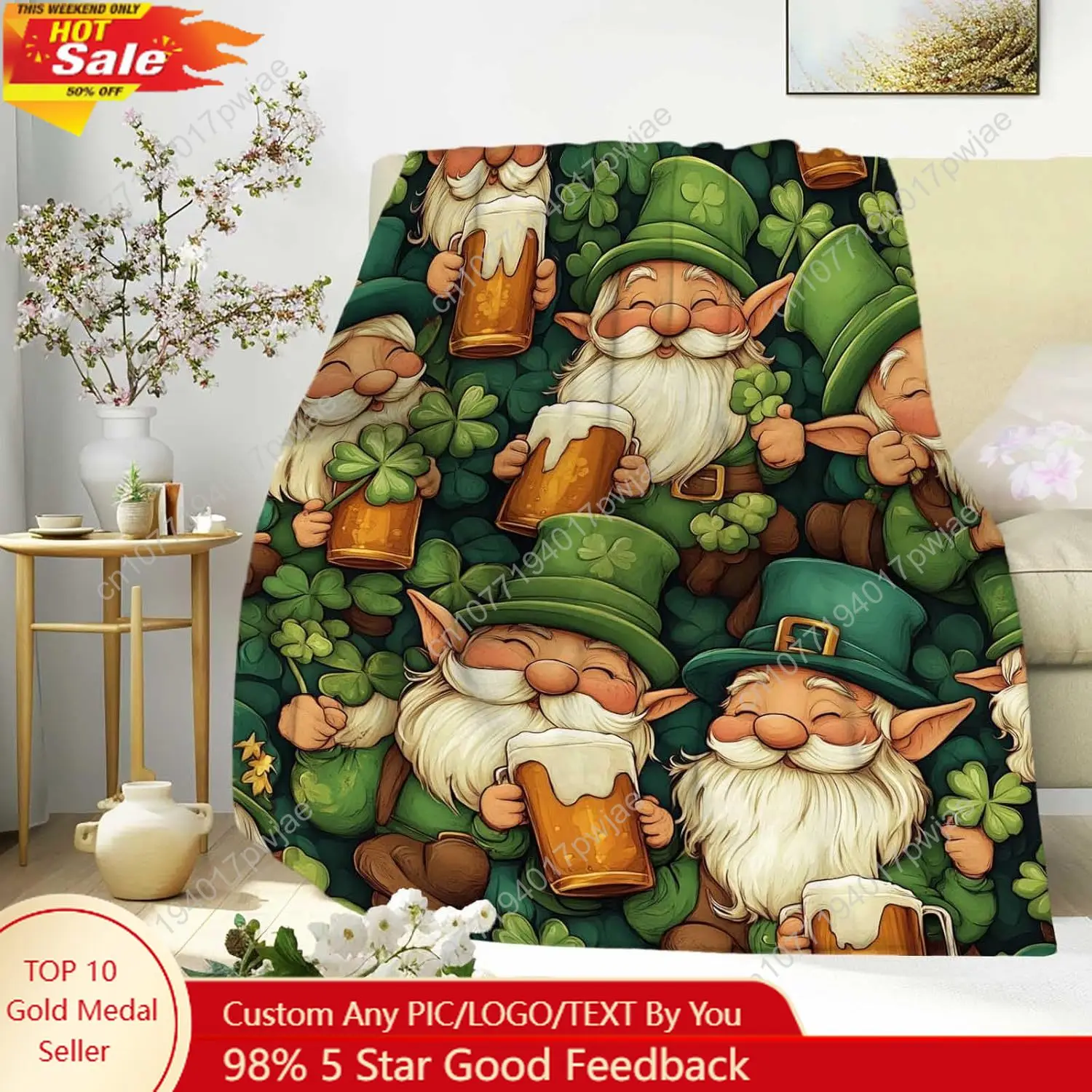 

St. Patrick’s Day Gnome Throw Blanket with Beer Mugs Shamrocks, Cozy Green Blanket for All Ages Perfect for St Custom blankets