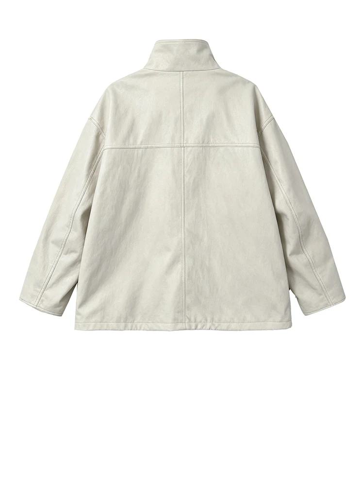 [EAM] Beige Drawstring Big Size PU Leather Jacket New Stand Collar Long Sleeve Women Coat Fashion Tide Spring Autumn 2026 1DJ949