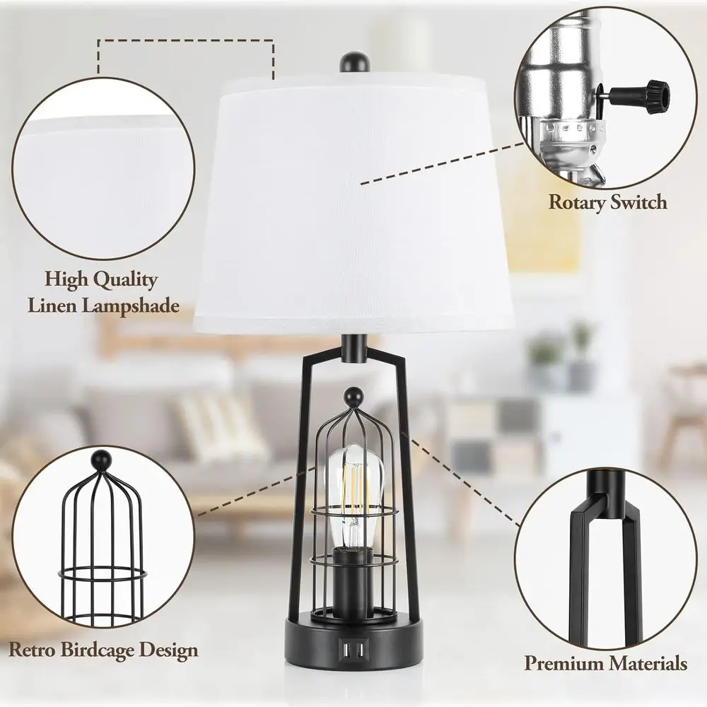 소박한 2-USB 농가 책상 램프 한 쌍, 거실, 침실 및 침실용 흰색 갓이 있는 검은색 산업 스타일 침대 옆 조명