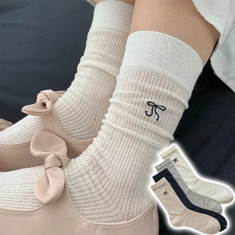 Women Ins Fashion Bow Stacked Socks Hollow Mesh Solid Color Spring Summer Versatile Crew Socks Casual Fresh Series Comfort