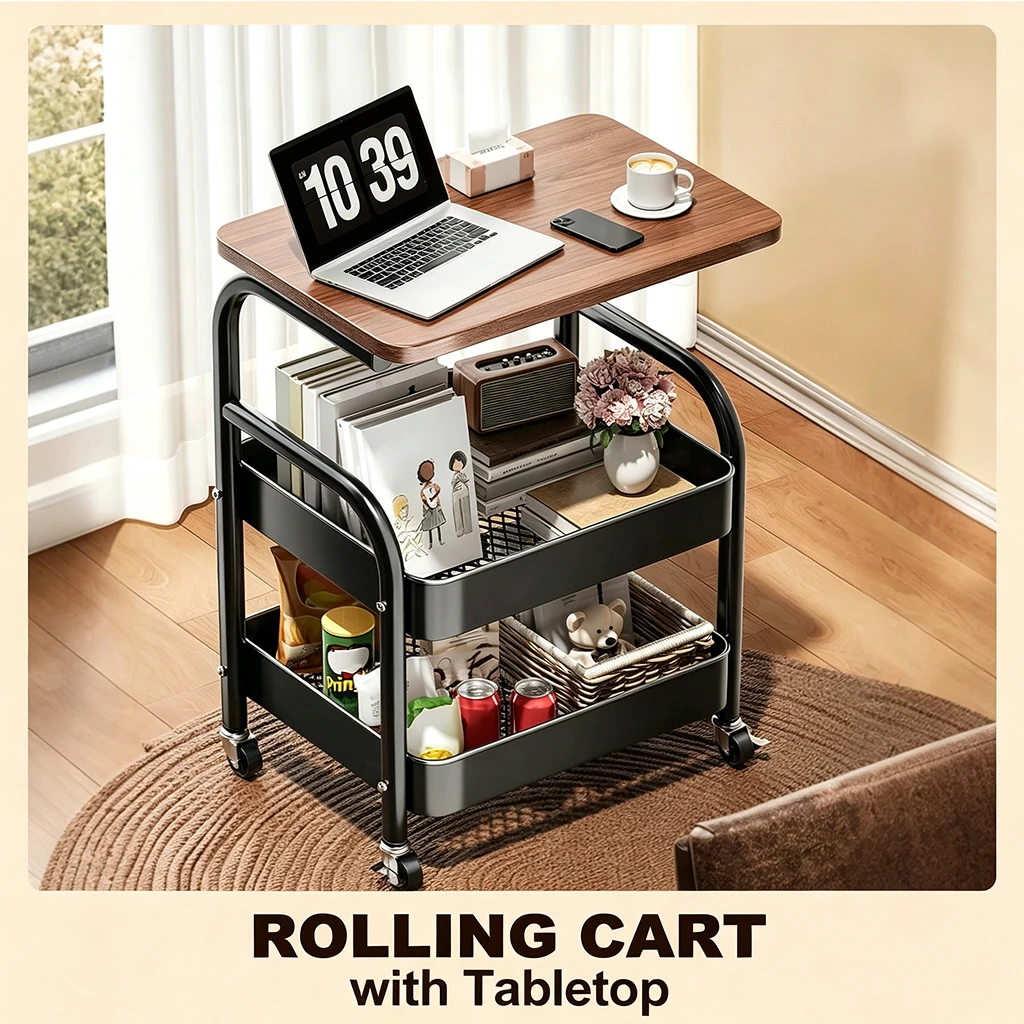 2-Tier Rolling Storage Cart with Wood Top, Black Metal Utility Trolley with Large Baskets, Mobile Bedside Side Table Organizer for Living Room Bedroom Office