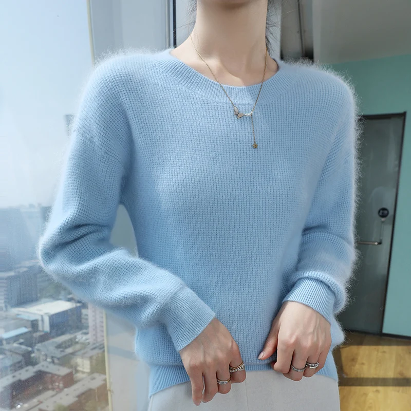 Addonee New Women 100% Mink Cashmere O-neck Pullover Sweater Knitwear Casual Loose Clothing Autumn Winter Basic Style Tops