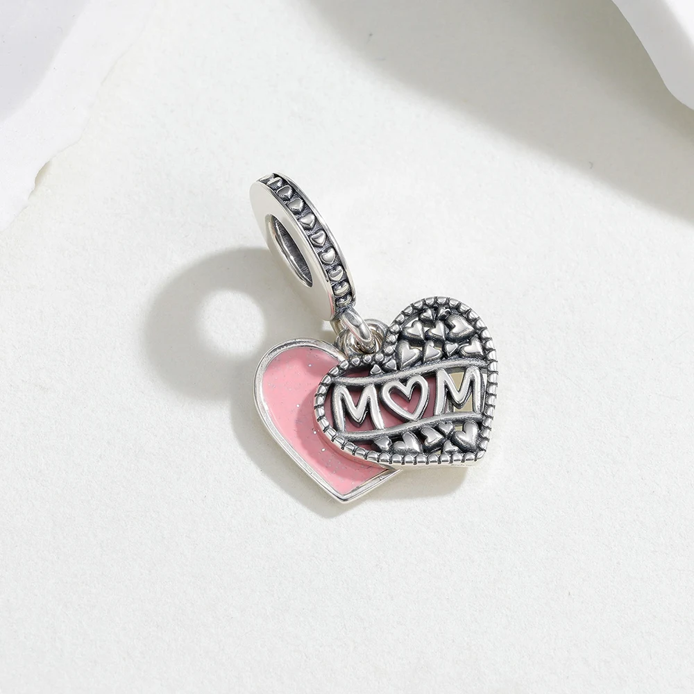 Sweet 925 Sterling Silver Love You Mom Hearts Charm Annual Mom Pendant Fit Original Bracelet For Women Necklace Fine Jewelry