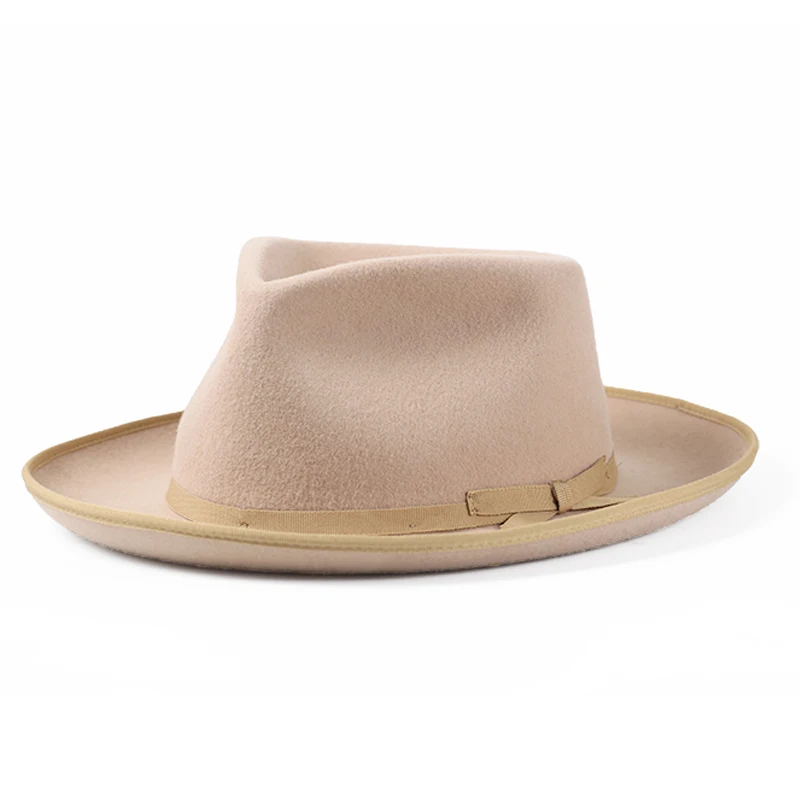 100% Wool American News Fedora For Men Women Unisex Curling Up Brim Crushable Felt Outback Hat With Brown Camel Color