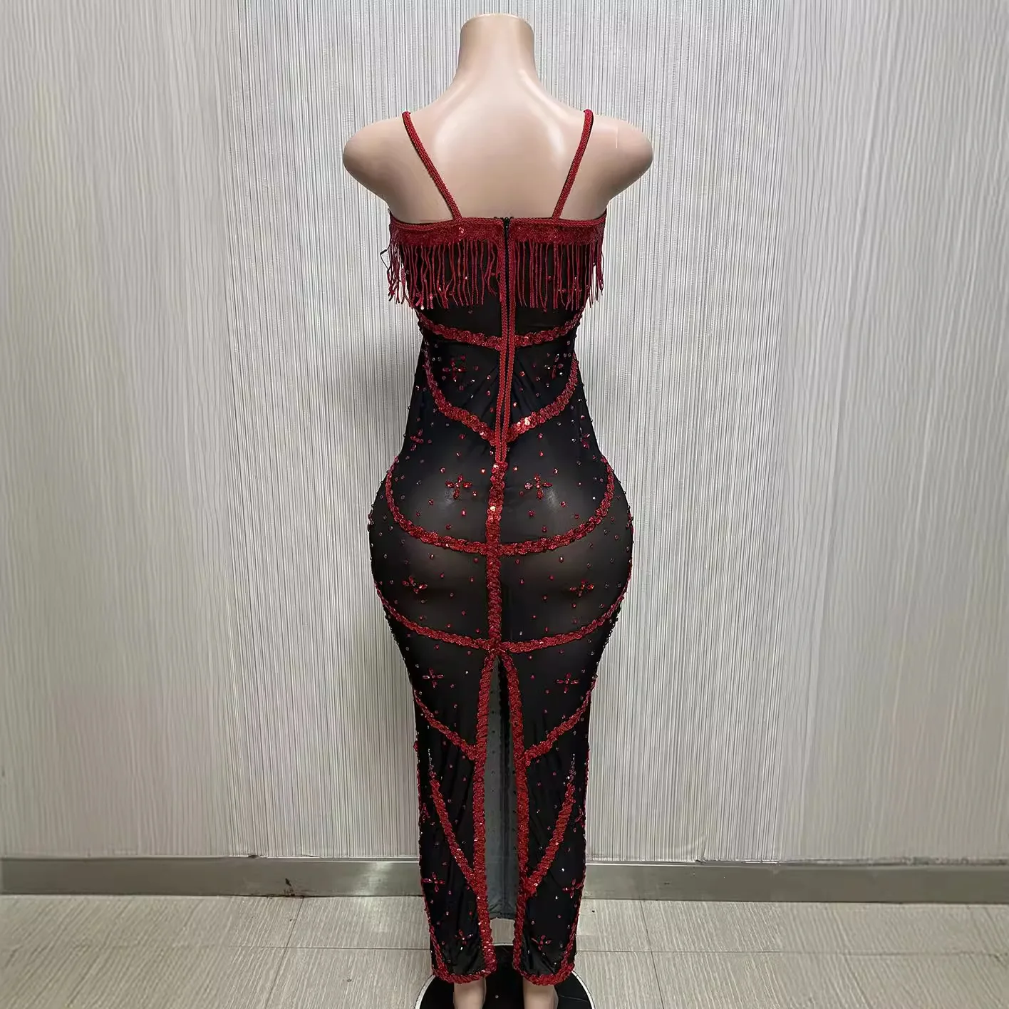 Diamond Tassel Sequins Cotton Sleeveless Long Dress Sexy For Women's Club, Birthday & Celebrity Events Body Transparente Flecos