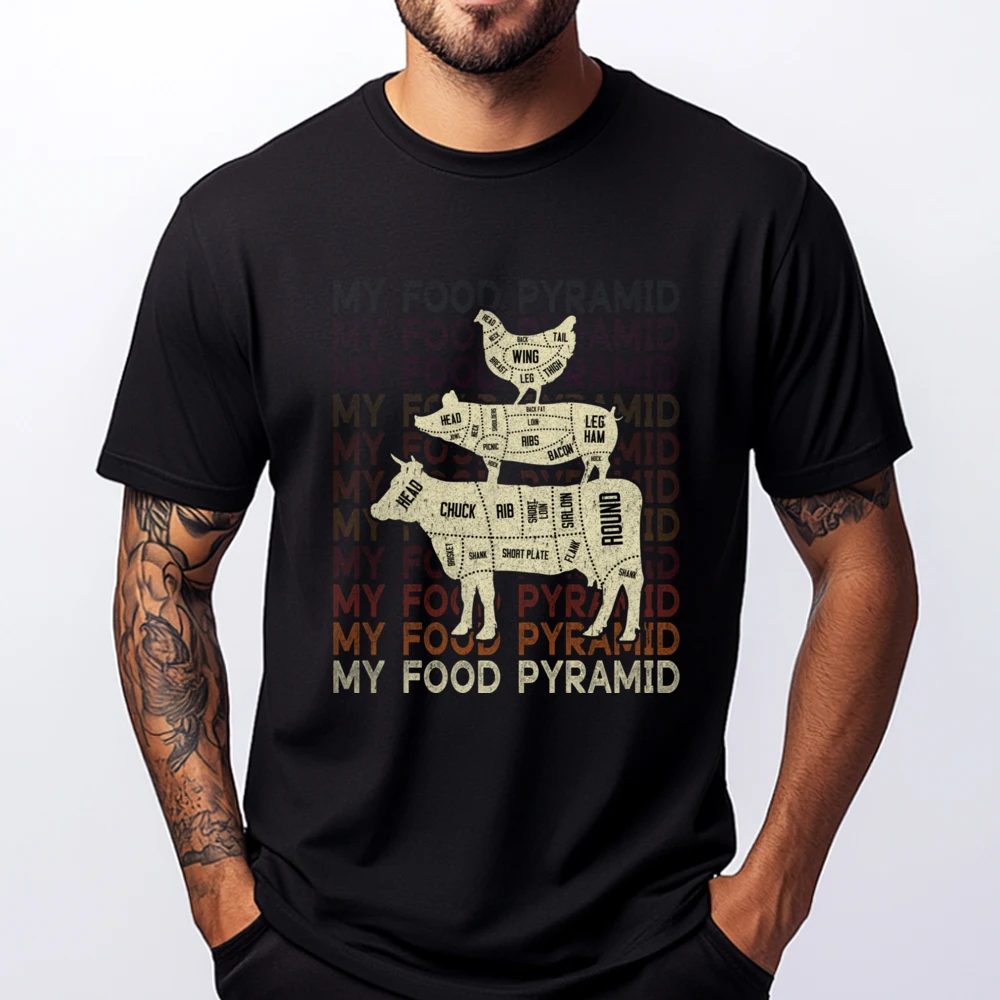 

My Food Pyramid Cow Pig Chicken Bbq Joke Lovers Streetwear Tops Vintage