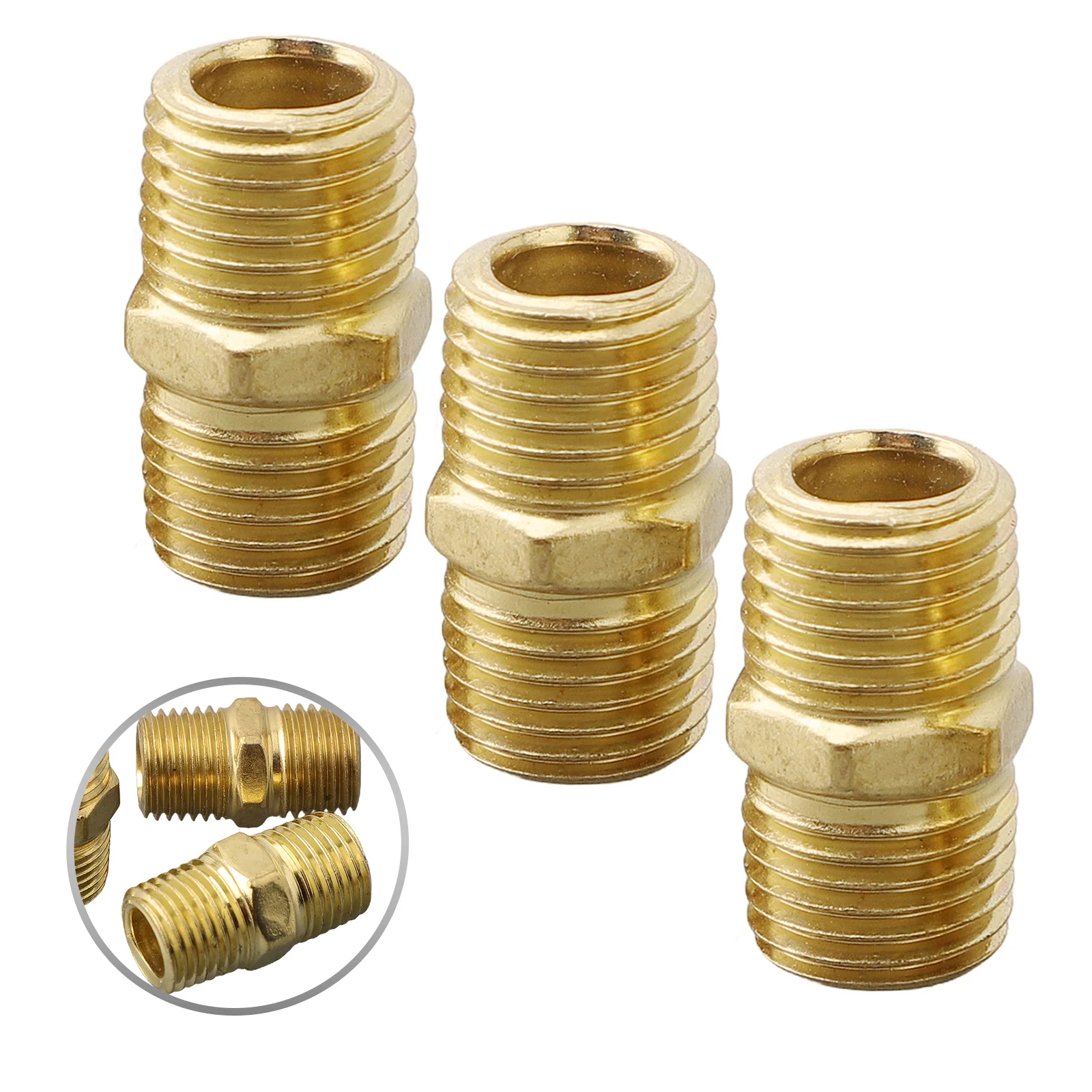 Adaptador de tubo de latón de 1/4 pulgadas, 1 3 uds., 27mm, accesorios, herramienta de aire, conector de compresor, tetina hexagonal en tono dorado