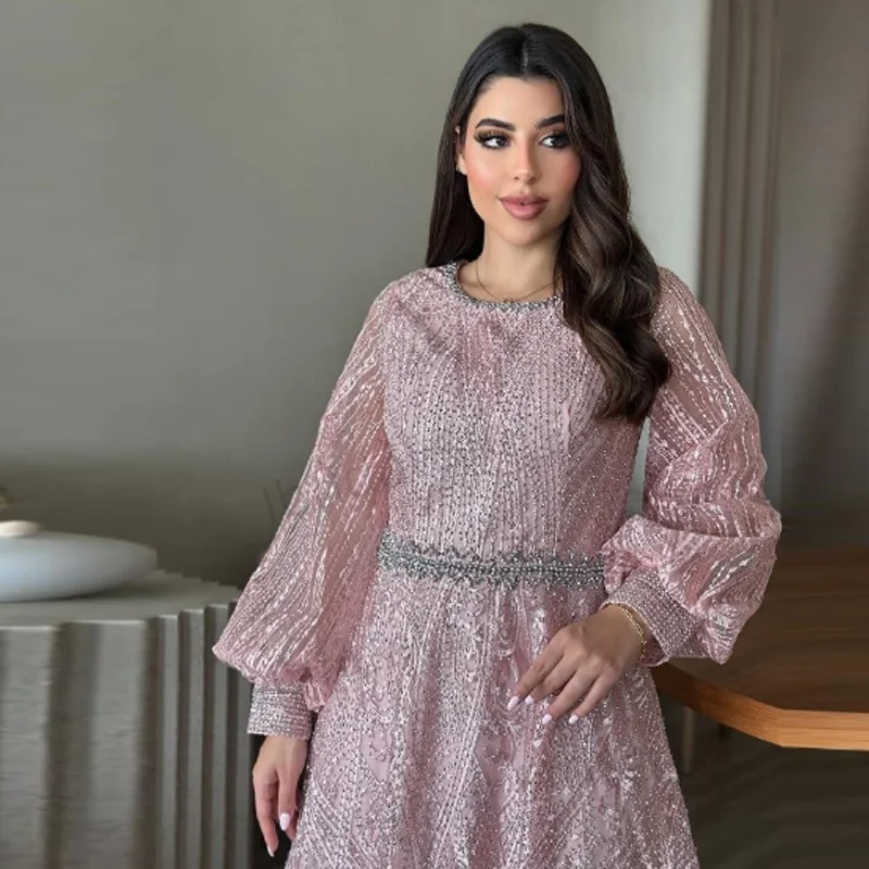 Customized Elegant Muslim Evening Dress Luxury A-Line Long Sleeves Beads Formal Prom Wedding Party Gown for Women