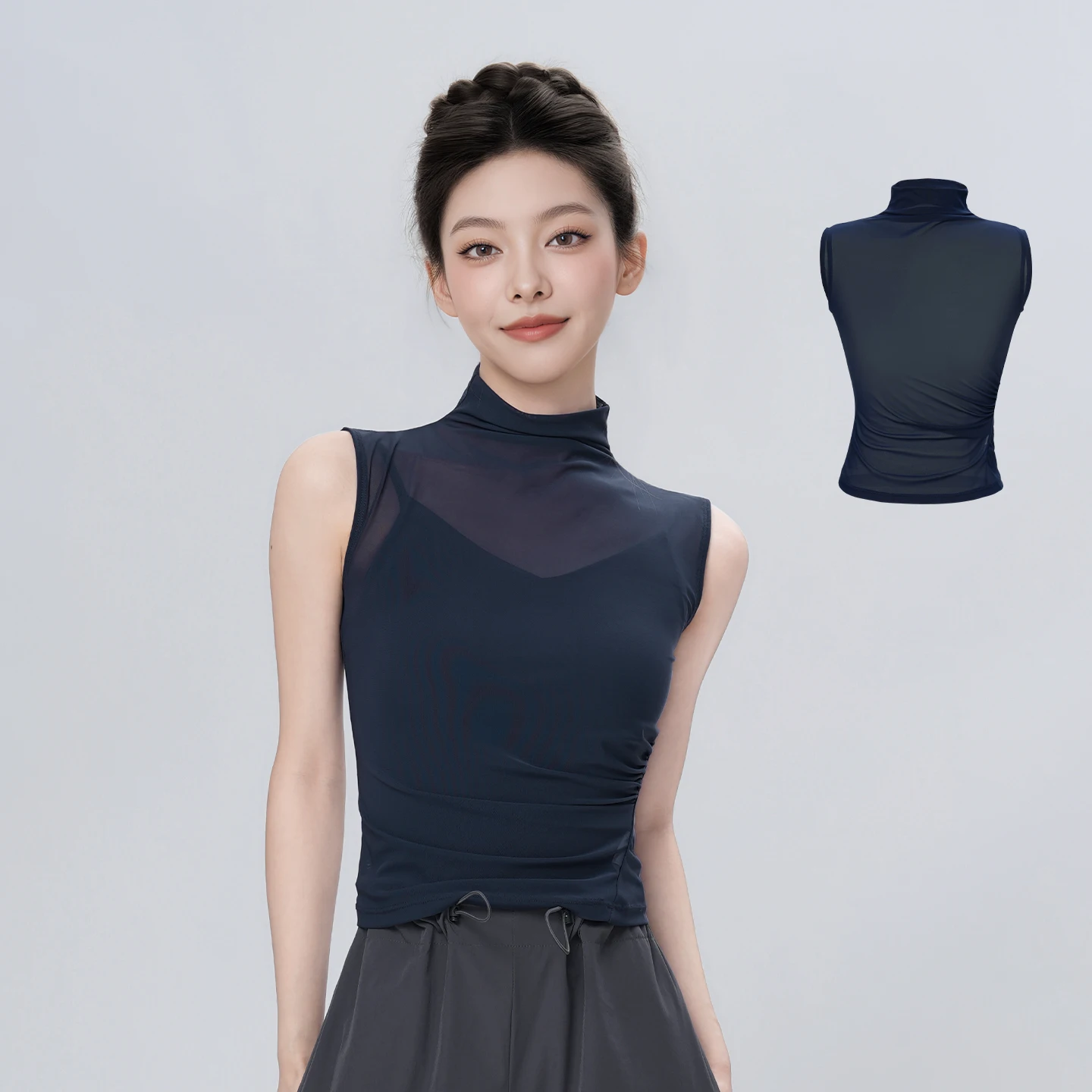 Women Stand Collar Dance Tops Sexy Mesh Thin Sleeveless Stretchy Shirts Solid Color Yoga See-through Training Costumes