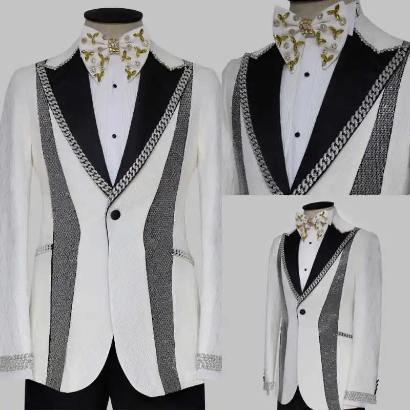 

Luxurious Jacquard Men Wedding Tuxedos One Button Peaked Lapel Blazer Sets Crystals 2 Pieces Customized Trajes Para Hombre