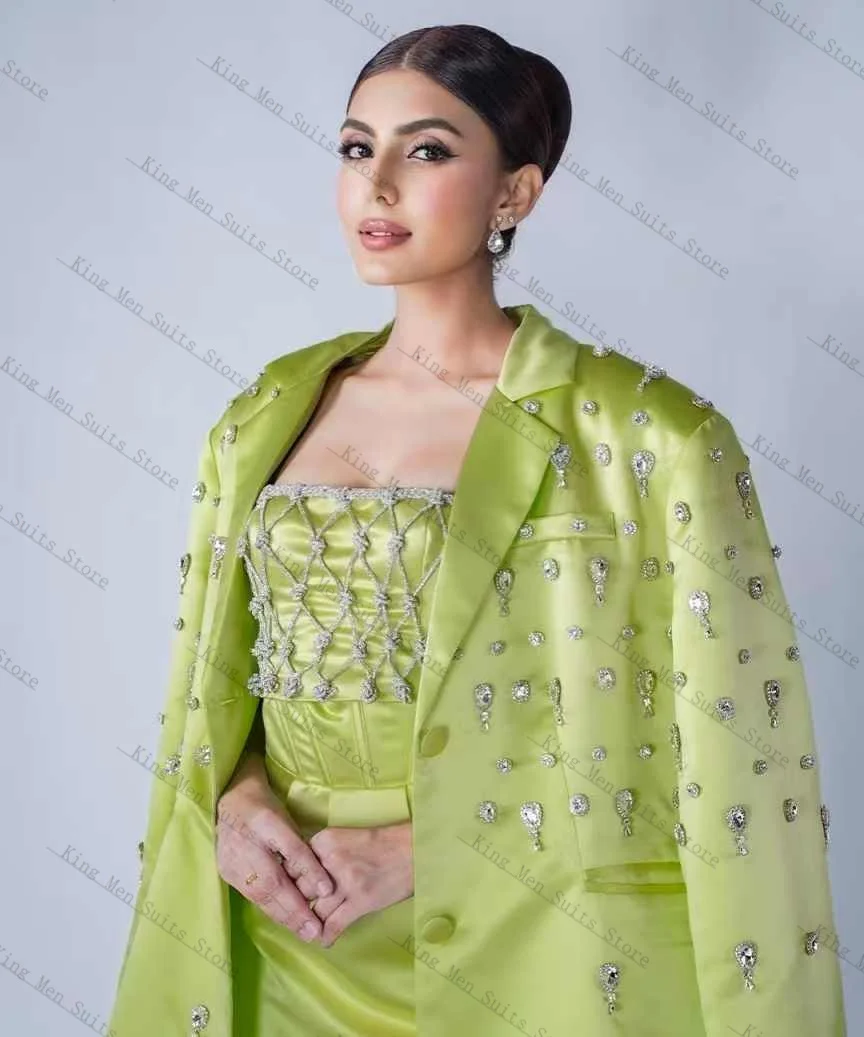 

Green Women Office Suits Skirt Set Summer 2 Pieces Blazer+Prom Dress Luxury Crystals Customized Formal Office Lady Jacket