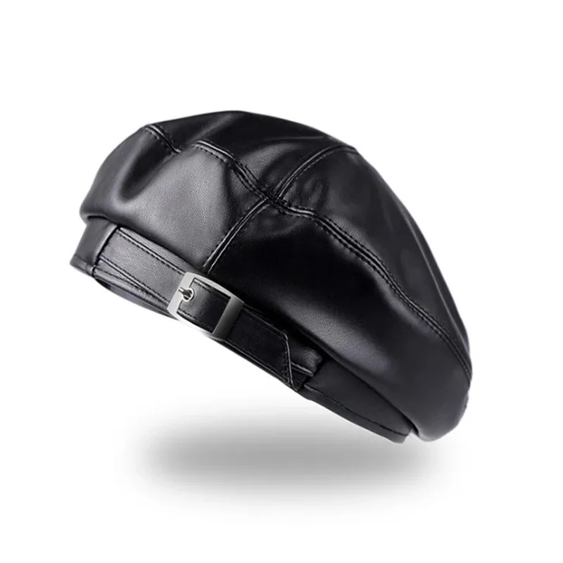 

Fashion Girl Imitation Leather Beret Beanie Hat Cap Women Plain Beret Hats Solid Color Elegant Lady Artist Caps Belt Beanies