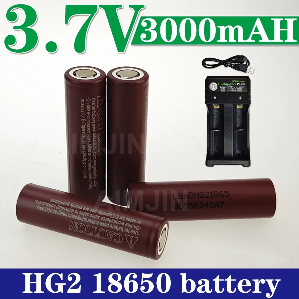 

3.7V Rechargeable Lithium Battery+Charger New 100% Safe and Durable True Capacity 18650 HG2 3000mAh