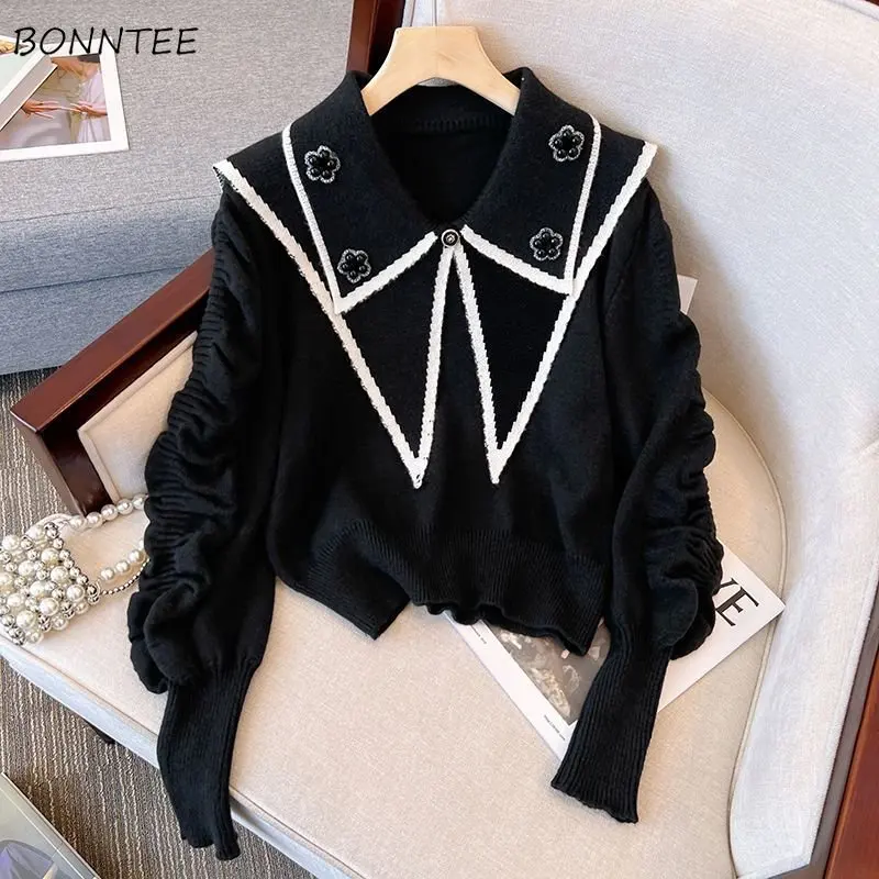 

Sailor Collar Pullovers Women Cropped Black Girlish Designer Folds Temper Kawaii Clothes Korean Fashion Knitwear Slim Panelled