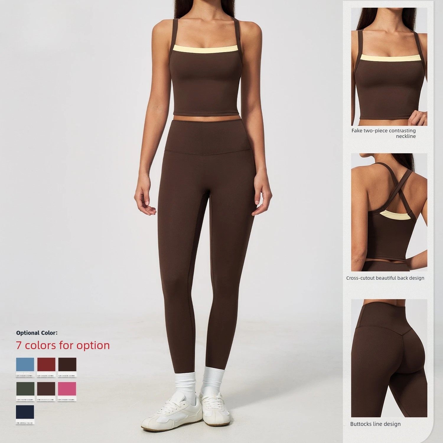 2Pcs Women Workout Set Criss Cross Back Contrast Trim sports vest High Waist Leggings Shorts Gym Suit Fitness Pilates Yoga Set