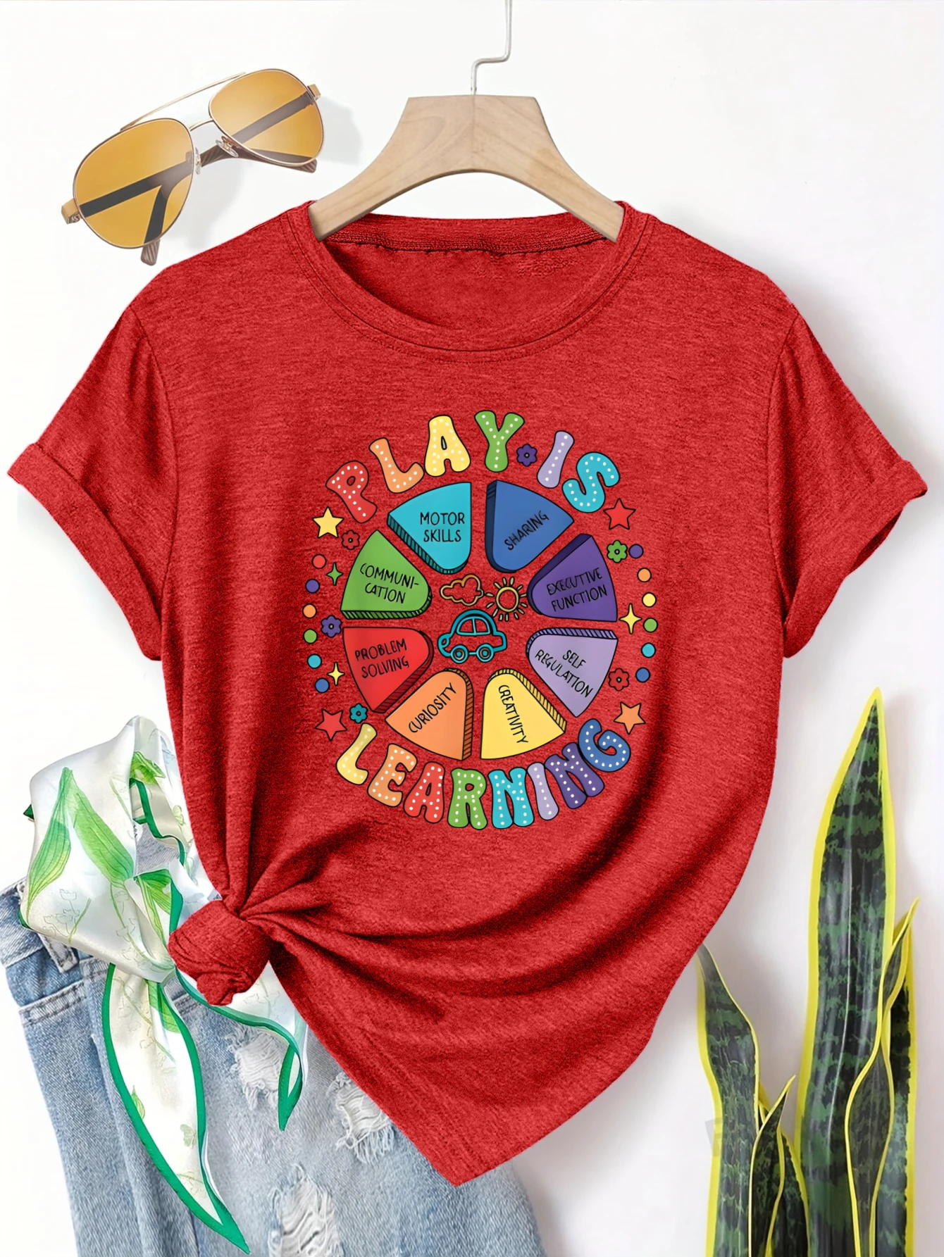 

Женская футболка больших размеров с короткими рукавами, дизайн Play Is Learning Circle, мягкая и удобная ткань, летняя одежда для женщин.