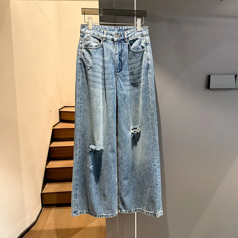 Light blue washed ripped cat whiskers, thin and wide jeans, new for women's autumn and winter