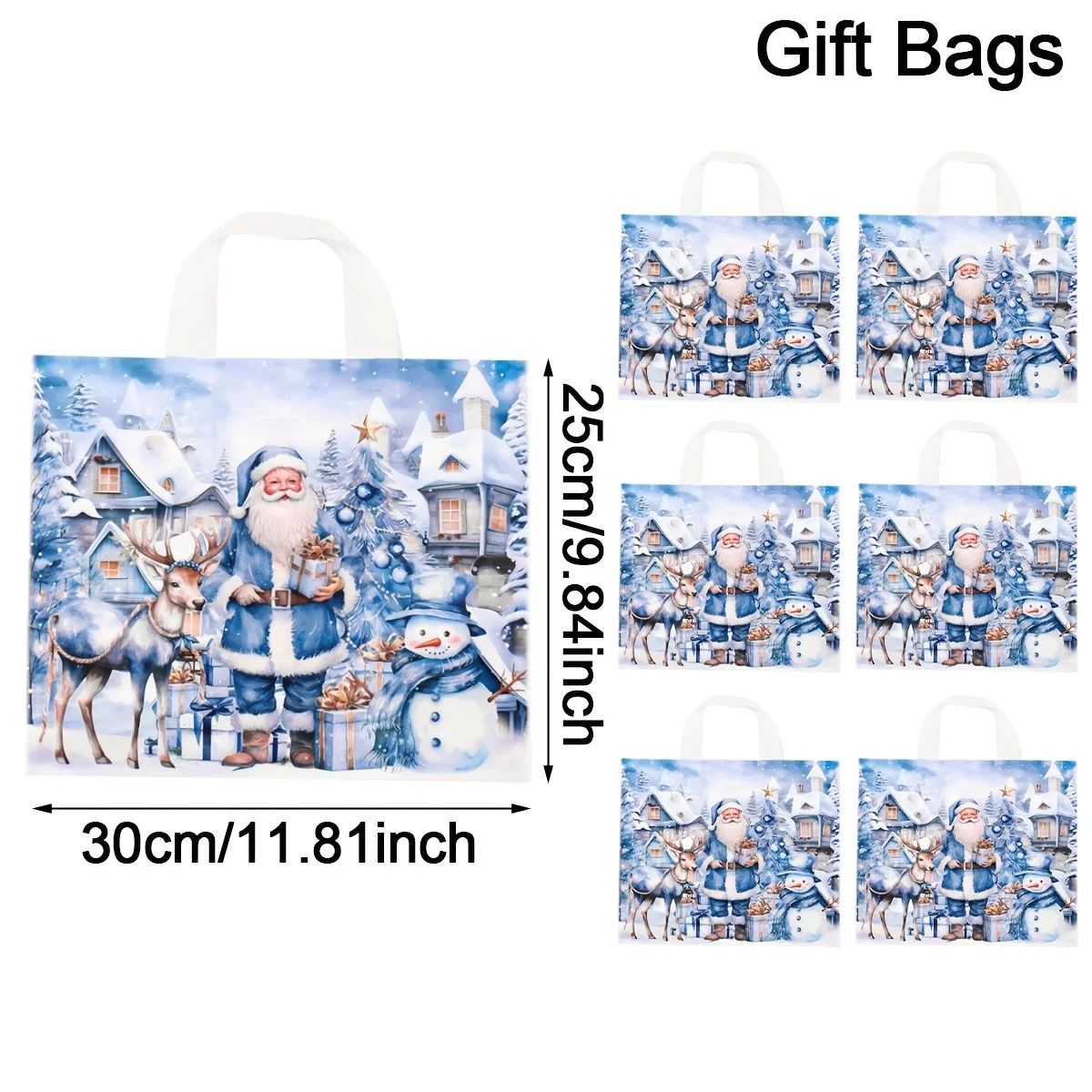 6/12 Stück blaue Weihnachtsgeschenktüten mit Aquarell-Weihnachtsmann-Aufdruck, Winterwunderland-Thema, Süßigkeitentüten für Weihnachtsdekoration – Detail 1