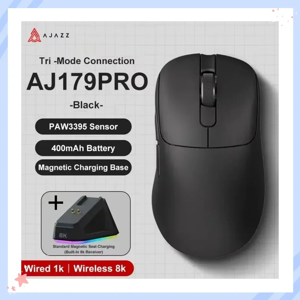 JIMITU X AJAZZ AJ179 PRO8K Wireless Bluetooth Mouse PAW3395 with RGB Charging Dock 26kDPI Low Latency Lightweight Gaming Mouse