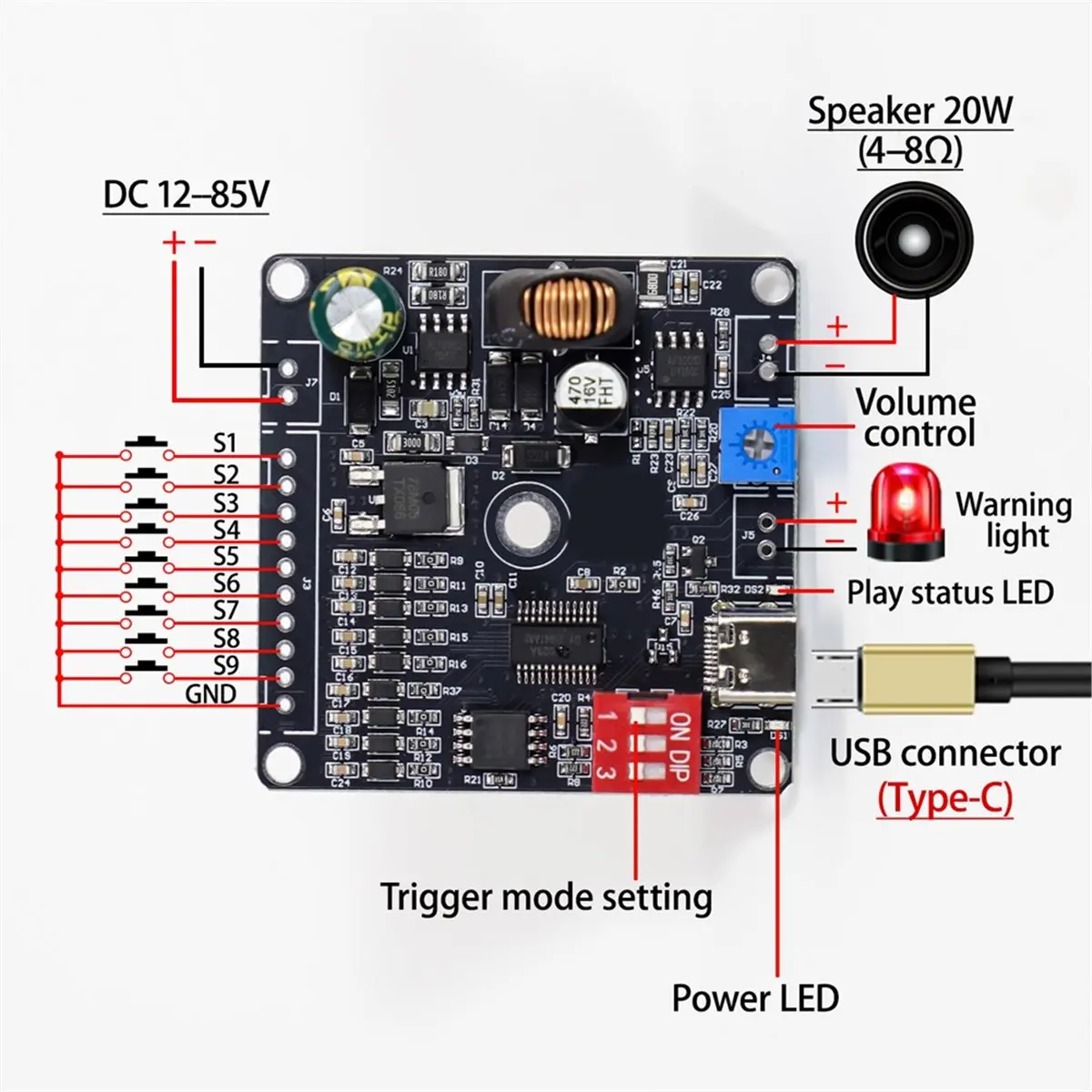 ^DT1087~~HF20W Wide Voltage 85V Voice MP3 Player Module, 20W One-to-One Trigger Custom Audio Player Module
