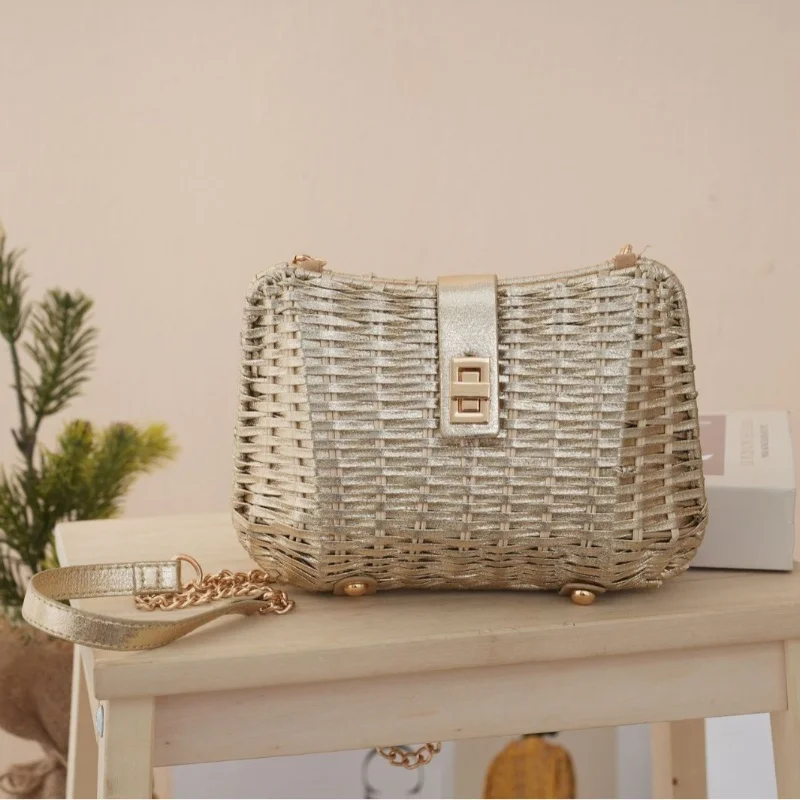 

Соломенная сумка ручной работы, женская сумка на плечо, роскошная сумка золотого плетения, универсальная текстурированная сумка через плечо для путешествий, пляжного отдыха