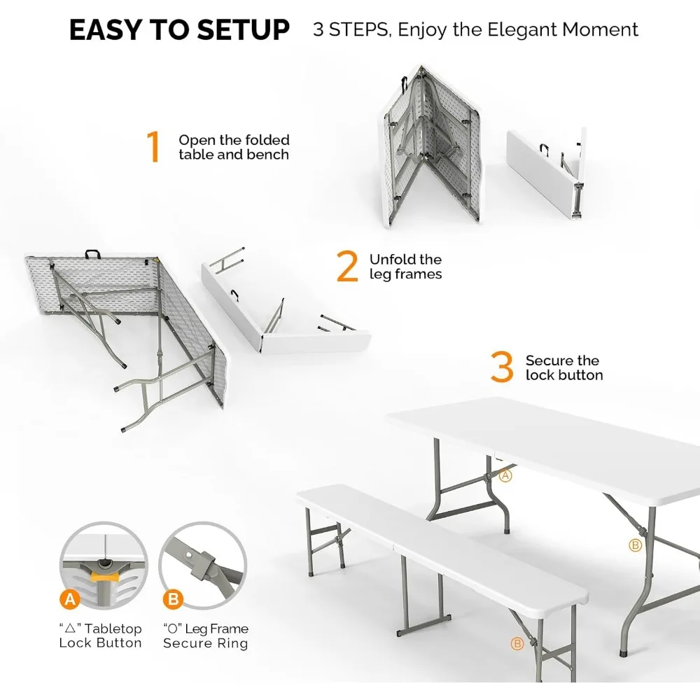 Picnic Table Set with 2 Benches, 6 Feet Folding Furniture, Suitable for Indoor and Outdoor Use, Smooth White Tabletop