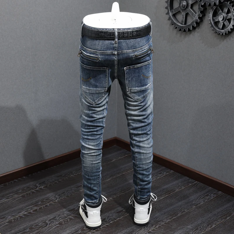 Street Fashion Men Jeans Retro Blue Elastic Stretch Skinny Ripped Jeans Men Zipper Spliced Designer Hip Hop Biker Pants Hombre