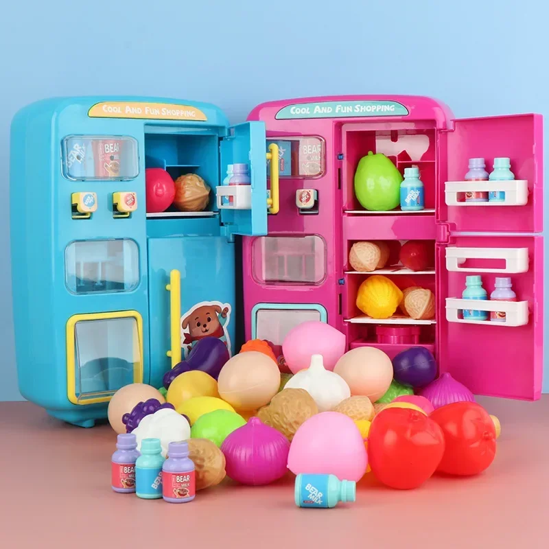 34pcs/set Simulation Vending machine Vending refrigerator with Spray Sound Music Kitchen Cooking toy Fruit Vegetable drinks sets