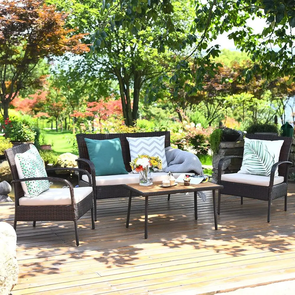 4-Piece Outdoor Rattan Furniture Set with Cushions and Acacia Wood Coffee Table, Suitable for Patio, Garden, Backyard, and Pools