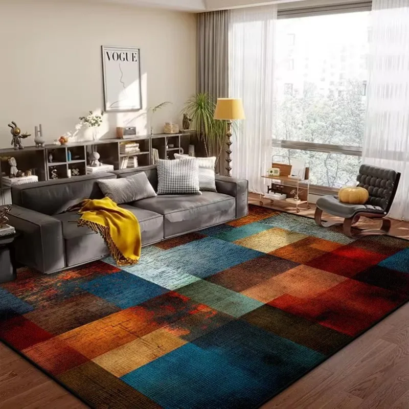 Modern Patchwork Color Block Area Rug Flannel Carpet for Living Room Bedroom Non Slip Floor Rug Vintage Geometric Art Design