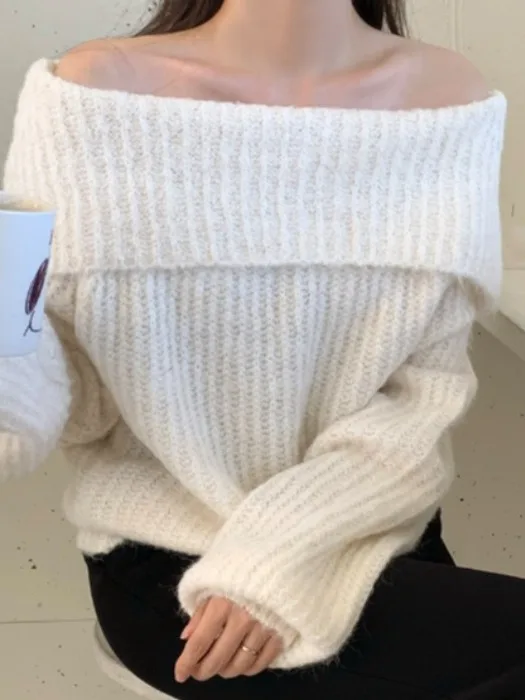 Coreano Sle Lazy Sle One oulder Long Sve Maglione lavorato a maglia da donna Inverno Faion Caldo allentato Dimagrante oulder Esposizione...