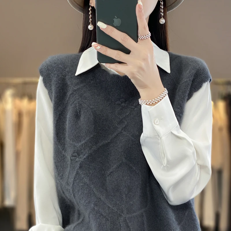 2023 Autumn Winter New Cashmere Sweater Women's Round Neck Sleeveless Head 100% Pure Wool Loose Solid Color Hooked Knitted Vest