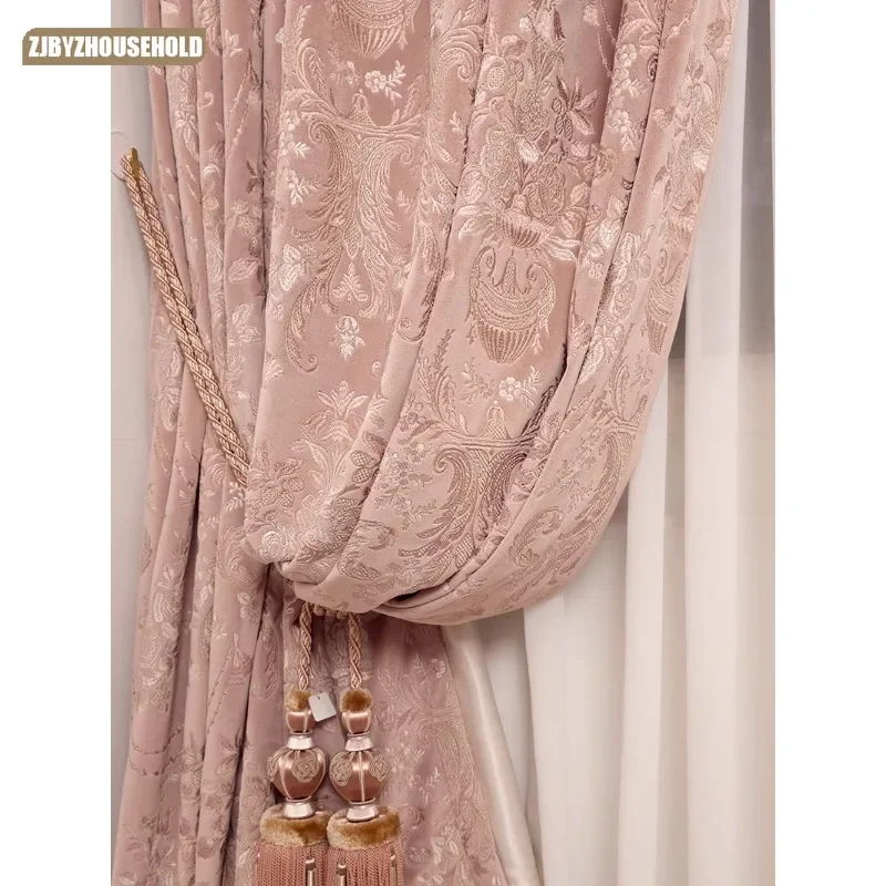 American Retro Luxury Embroidery Pink Velvet Curtains for Living Dining Room Bedroom High Window European High-end Customized