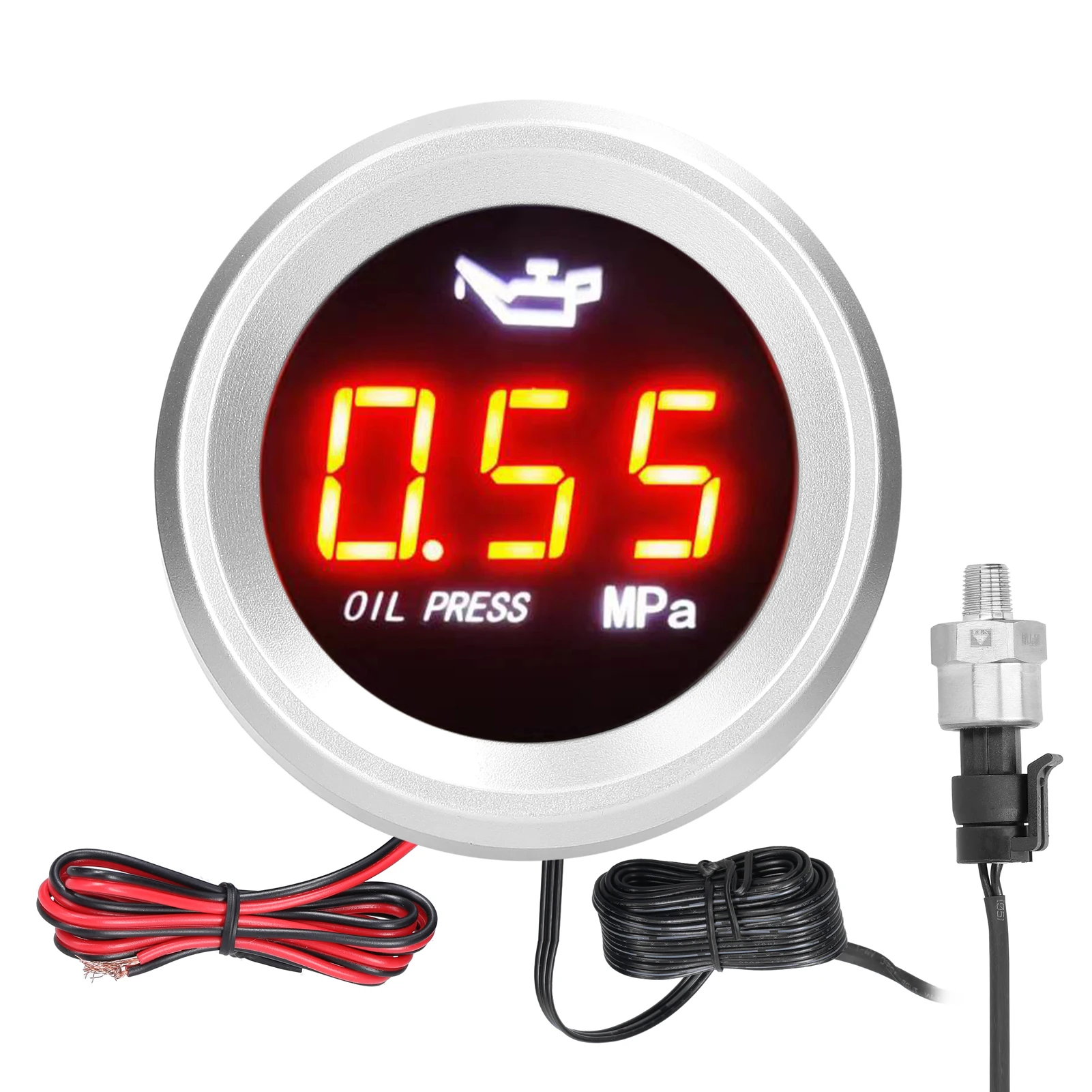 52mm Oil Pressure Gauge Car Digital Meter with LED Display 9-35V Vehicle with 1/8NPT Sensor Alarm Function Oil Pressure Gauge