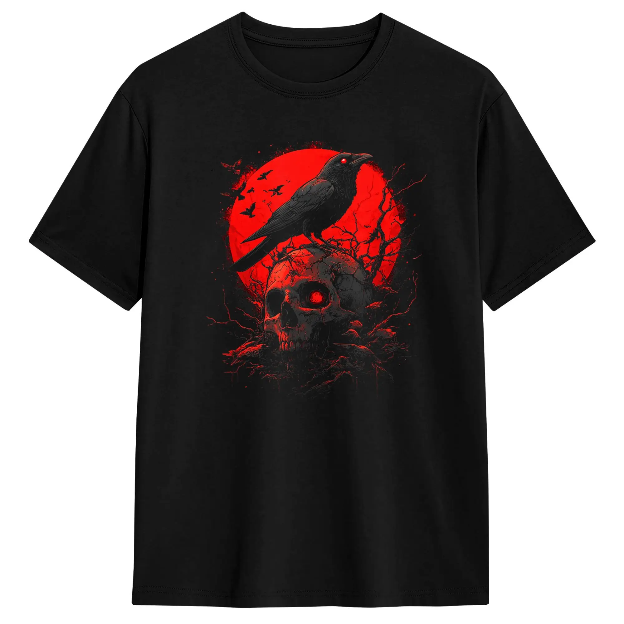 Men Black Gothic Raven Skull Red Moon Graphic Black Crow T Shirt  Cotton Clothes Novelty Short Sleeve Round Collar Tee Shirt
