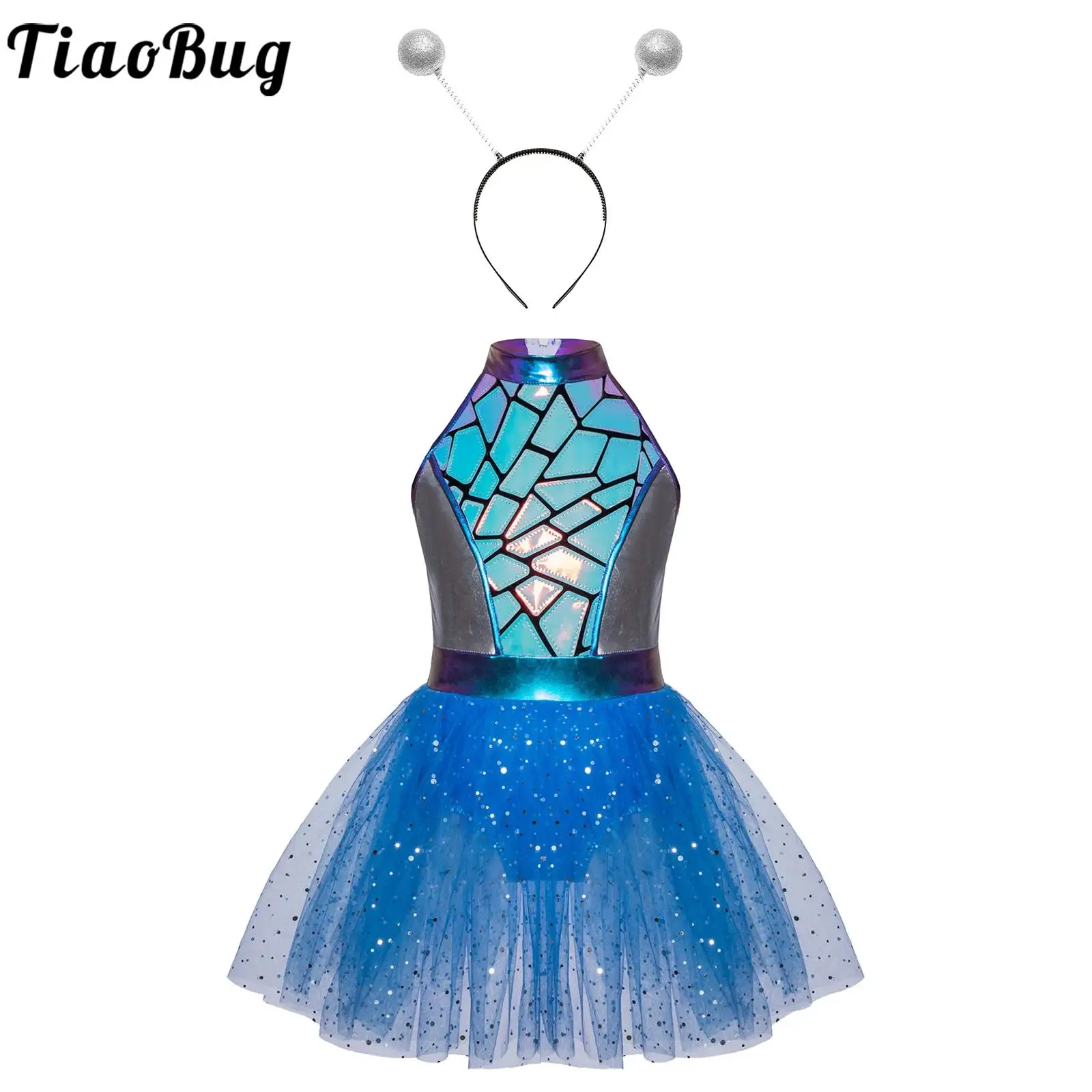 

Girls Shiny Alien Outerspace Halloween Cosplay Costume with Alien Hair Hoop Sleeveless Tutu Dance Dress for Future World Party