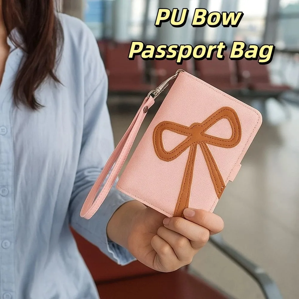 

RFID Anti-theft PU Bow Passport Bag Airplane Check-in Multifunctional Passport Clip Cute Passport Cover Storage Card Bag