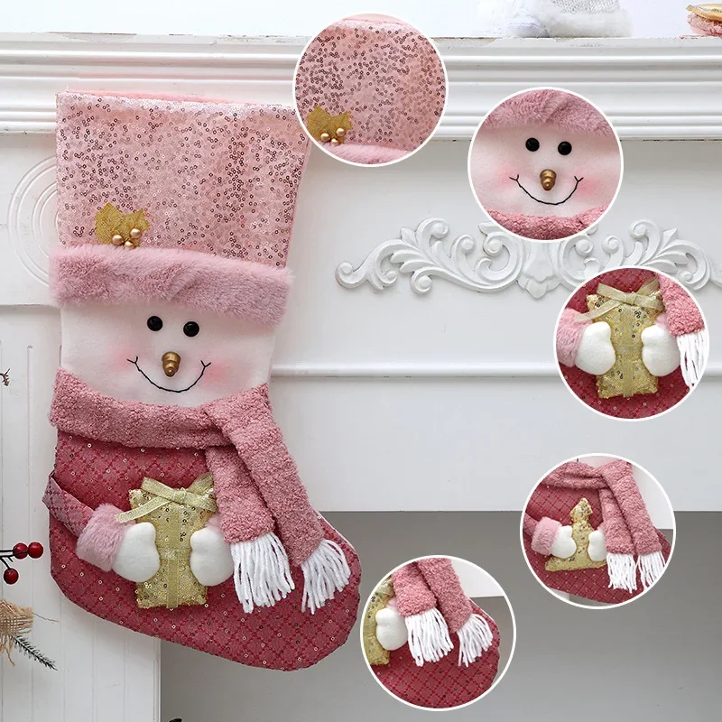 

Santa Stocking Sock Candy Bags Christmas Tree Pendants Pink Cloth Gift Bag For Children Fireplace Hanging Decor Party Supply
